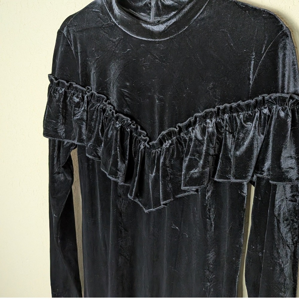 Gestuz Black Velvet Ruffle Long Sleeve Dress Sz M Whimsigoth Goth Witchy 90s Y2K - Picture 3 of 8